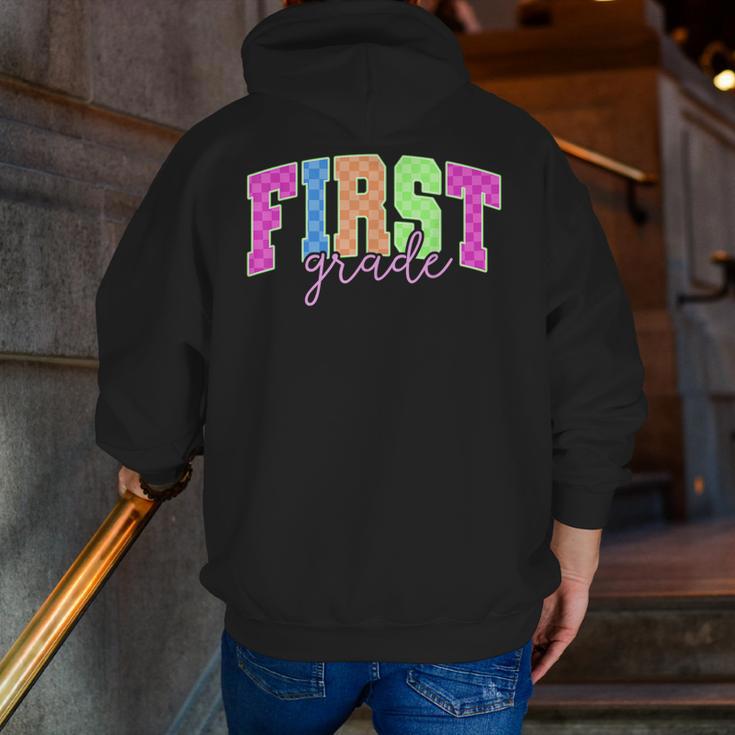 Back To School Neon Checkered First Grade Colorful Teacher Men Zip Up Hoodie Back Print, First Grade Teacher Hoodies, funny gift