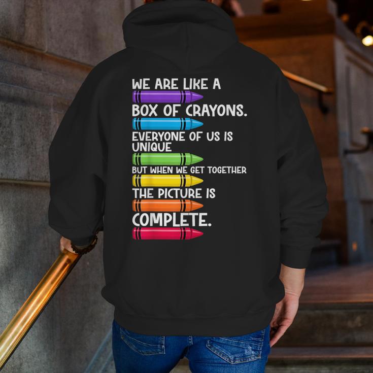 Back To School Teacher We Are Like A Box Of Crayons Men Zip Up Hoodie Back Print, funny gift
