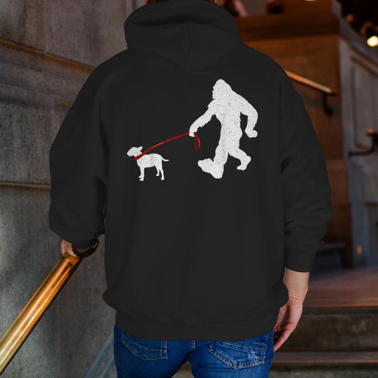 Bigfoot Walking With Bull Terrier Dog Men Zip Up Hoodie Back Print, funny gift