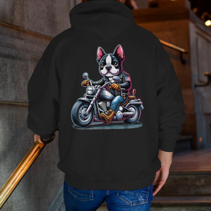 Biker Boston Terrier Dog Riding Motorbike Men Zip Up Hoodie Back Print, Boston Terrier Riding Hoodies, funny gift