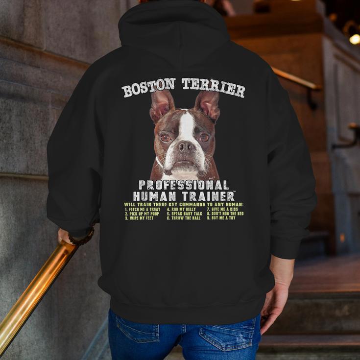 Boston Terrier Brindle Dog Professional Human Trainer Men Zip Up Hoodie Back Print, funny gift