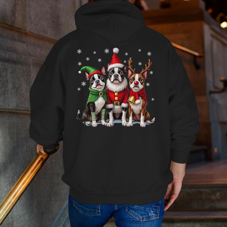 Boston Terrier Christmas Dogs Santa Reindeer Elf Men Zip Up Hoodie Back Print, Boston Terrier Christmas Hoodies, funny gift