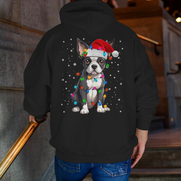 Boston Terrier Christmas Santa Hat Tree Lights Pajama Men Zip Up Hoodie Back Print, Boston Terrier Christmas Hoodies, funny gift