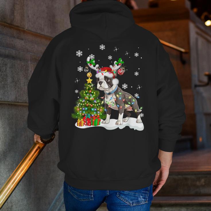 Boston Terrier Christmas Tree Lights Santa Hat Men Zip Up Hoodie Back Print, Boston Terrier Christmas Hoodies, funny gift