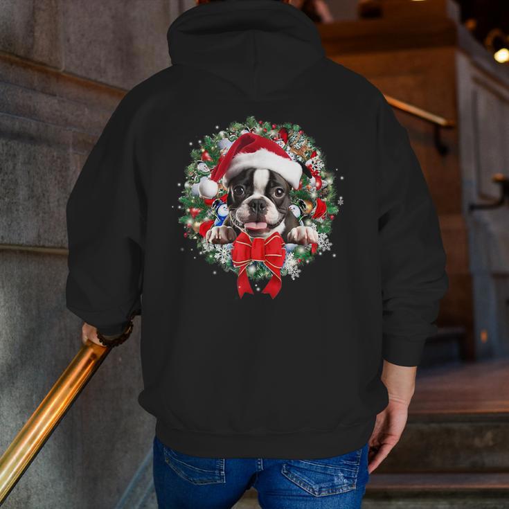 Boston Terrier Christmas Wreath Decoration Xmas Pajamas Men Zip Up Hoodie Back Print, Boston Terrier Christmas Hoodies, funny gift