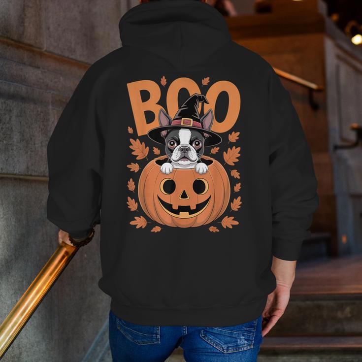 Boston Terrier Costume On Pumpkin Halloween Boston Terrier Men Zip Up Hoodie Back Print, Boston Terrier Halloween Hoodies, funny gift