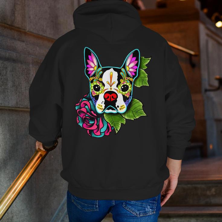 Boston Terrier In Day Of The Dead Sugar Skull Dog Men Zip Up Hoodie Back Print, funny gift