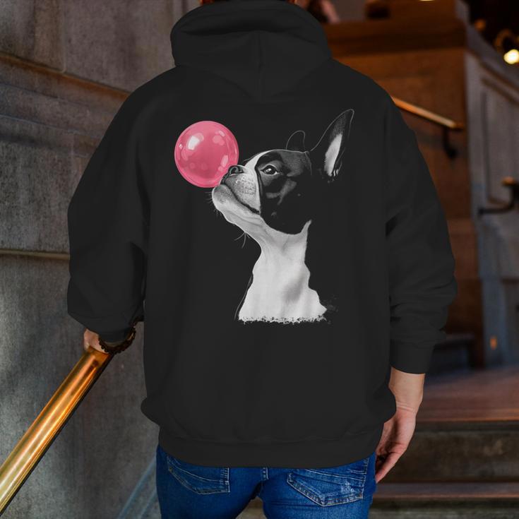 Boston Terrier Dog Blowing Chewing Bubble Gum Pink Men Zip Up Hoodie Back Print, funny gift