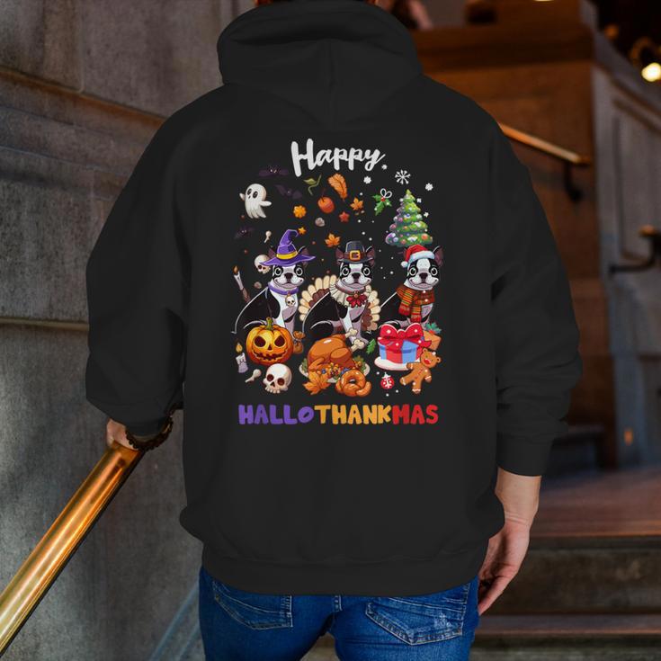 Boston Terrier Dog Christmas Happy Hallothankmas Halloween For Men Women Kids Men Zip Up Hoodie Back Print, Boston Terrier Halloween Hoodies, Boston Terrier Christmas Hoodies, funny gift