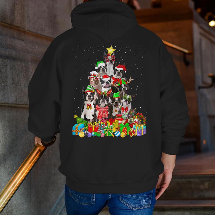 Boston Terrier Dog Christmas Tree Lights Xmas Pajama For Men Women Kids Men Zip Up Hoodie Back Print, Boston Terrier Christmas Hoodies, funny gift