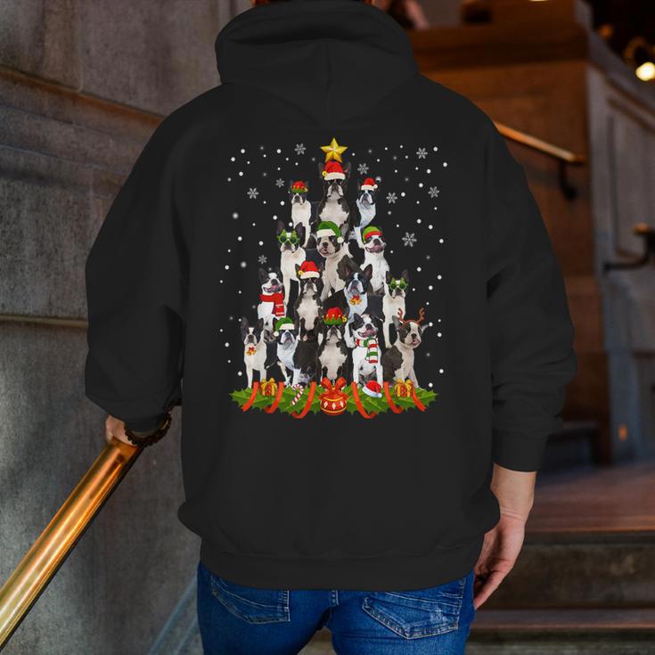 Boston Terrier Dog Christmas Tree Santa Hat Xmas Pajama Men Women Kids Men Zip Up Hoodie Back Print, Boston Terrier Christmas Hoodies, funny gift