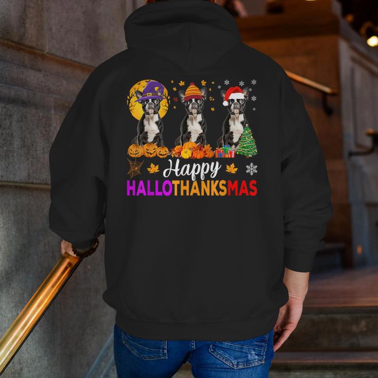 Boston Terrier Dog Halloween Christmas Hallothanksmas Men Women Kids Men Zip Up Hoodie Back Print, Boston Terrier Halloween Hoodies, Boston Terrier Christmas Hoodies, funny gift