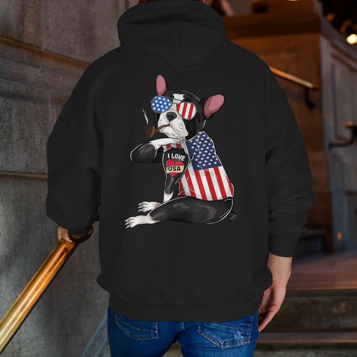 Boston Terrier Dog Merica 4th Of July Usa American Flag Men Men Zip Up Hoodie Back Print, American Boston Terrier Hoodies, Boston Terrier 4th Of July Hoodies, funny gift