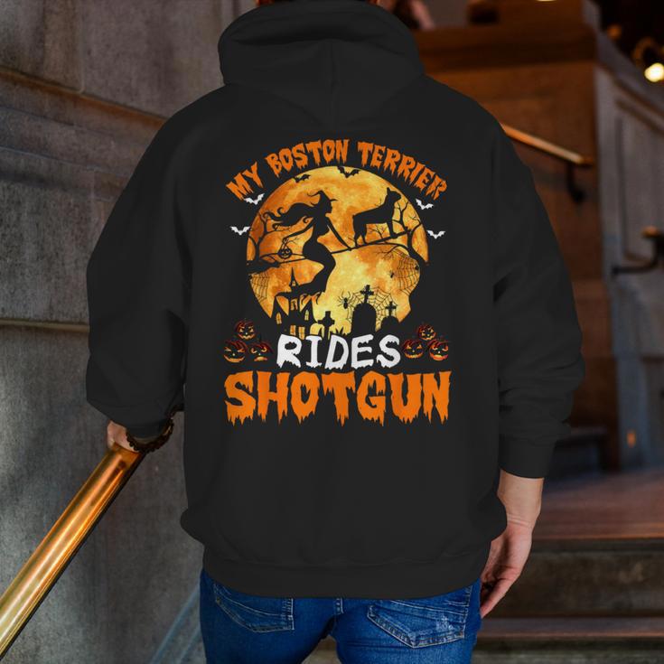My Boston Terrier Dog Rides Shotgun Witch Halloween Men Women Men Zip Up Hoodie Back Print, Boston Terrier Halloween Hoodies, funny gift