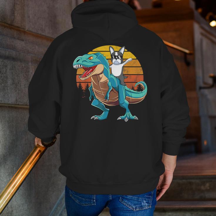 Boston Terrier Dog Riding Dinosaur T Rex Boys Men Zip Up Hoodie Back Print, Boston Terrier Riding Hoodies, funny gift