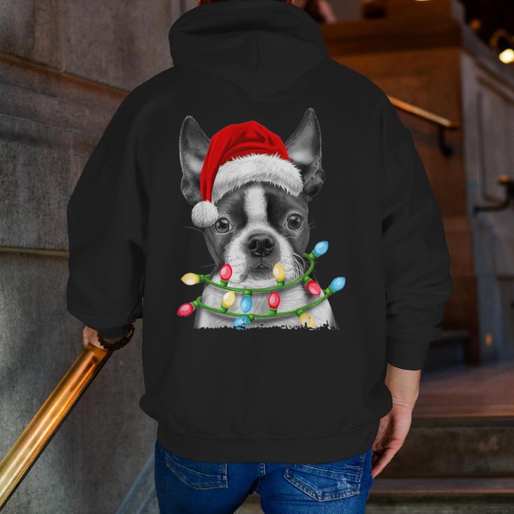 Boston Terrier Dog Santa Christmas Tree Lights Xmas Men Zip Up Hoodie Back Print, Boston Terrier Christmas Hoodies, funny gift