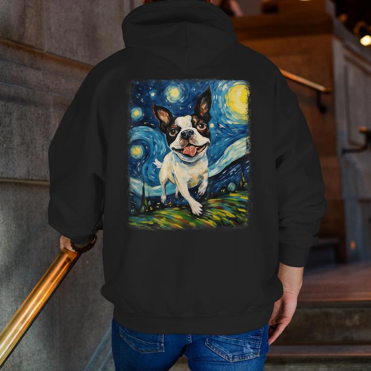 Boston Terrier Dog Starry Night Painting Men Zip Up Hoodie Back Print, funny gift
