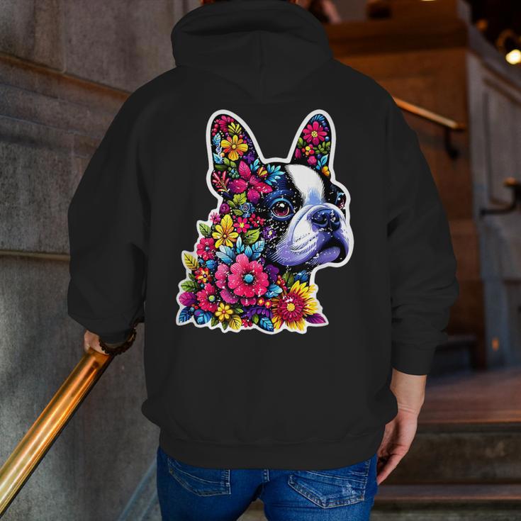 Boston Terrier Floral Vintage Dog Mom Distressed Men Women Kids Men Zip Up Hoodie Back Print, Boston Terrier Mom Hoodies, funny gift