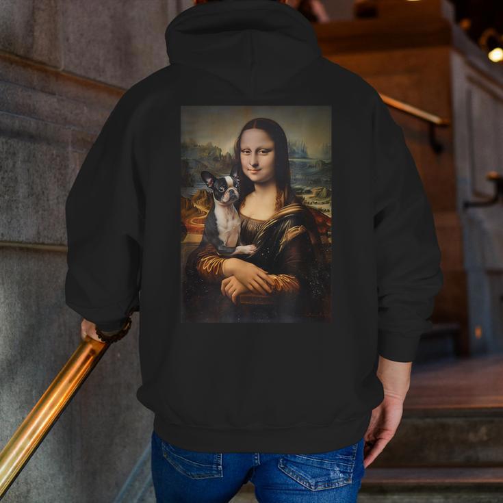 Boston Terrier Mona Lisa Painting Art Dog Mom Dad For Men Women Kids Men Zip Up Hoodie Back Print, Boston Terrier Mom Hoodies, Boston Terrier Dad Hoodies, funny gift