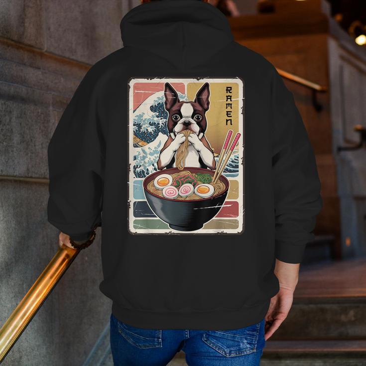 Boston Terrier Ramen Noodles Japanese Art Retro Ocean Waves Men Zip Up Hoodie Back Print, funny gift