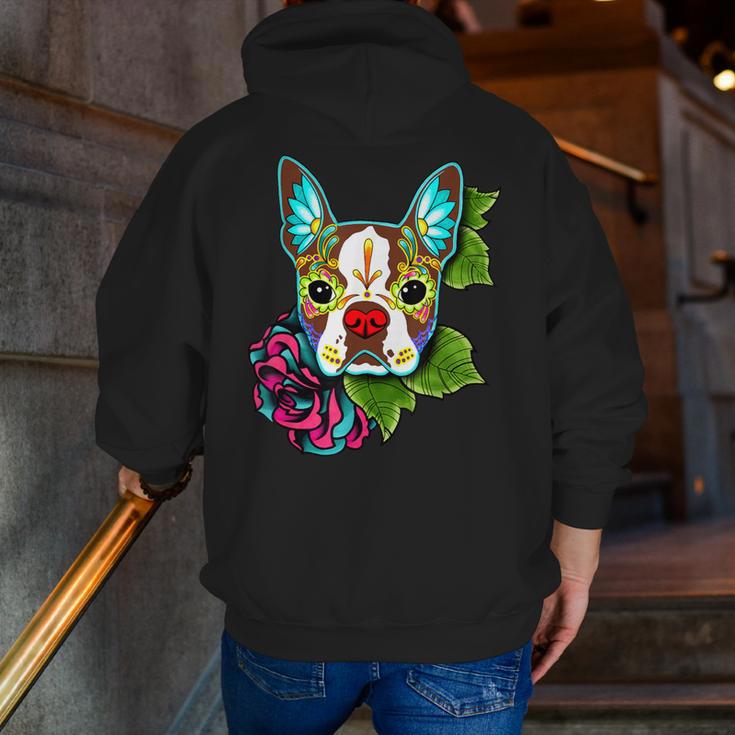 Boston Terrier In Red Day Of The Dead Sugar Skull Dog Men Zip Up Hoodie Back Print, funny gift