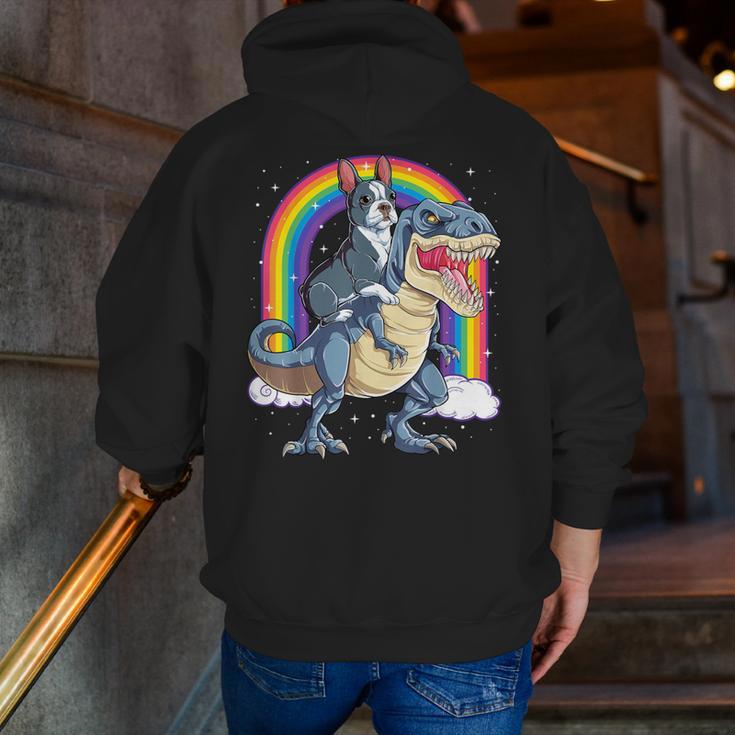 Boston Terrier Riding Dinosaur T-Rex Boys Kids Rainbow Men Zip Up Hoodie Back Print, Boston Terrier Riding Hoodies, funny gift