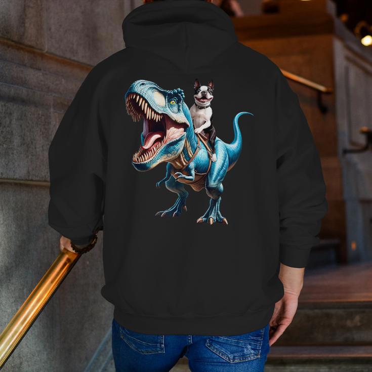 Boston Terrier Riding T-Rex Dinosaur Dog Lover Men Zip Up Hoodie Back Print, Boston Terrier Riding Hoodies, funny gift