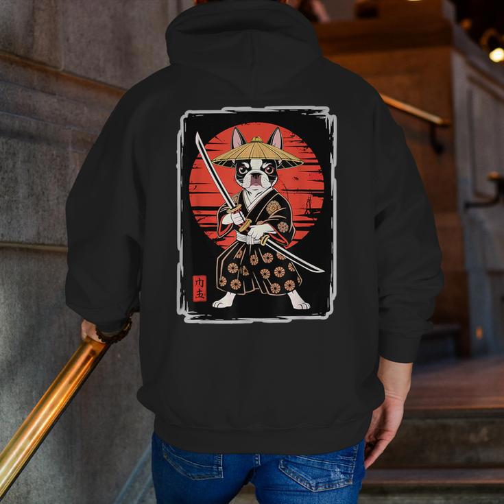 Boston Terrier Samurai Ninja Vintage Anime Japanese Ukiyo-e Men Zip Up Hoodie Back Print, funny gift