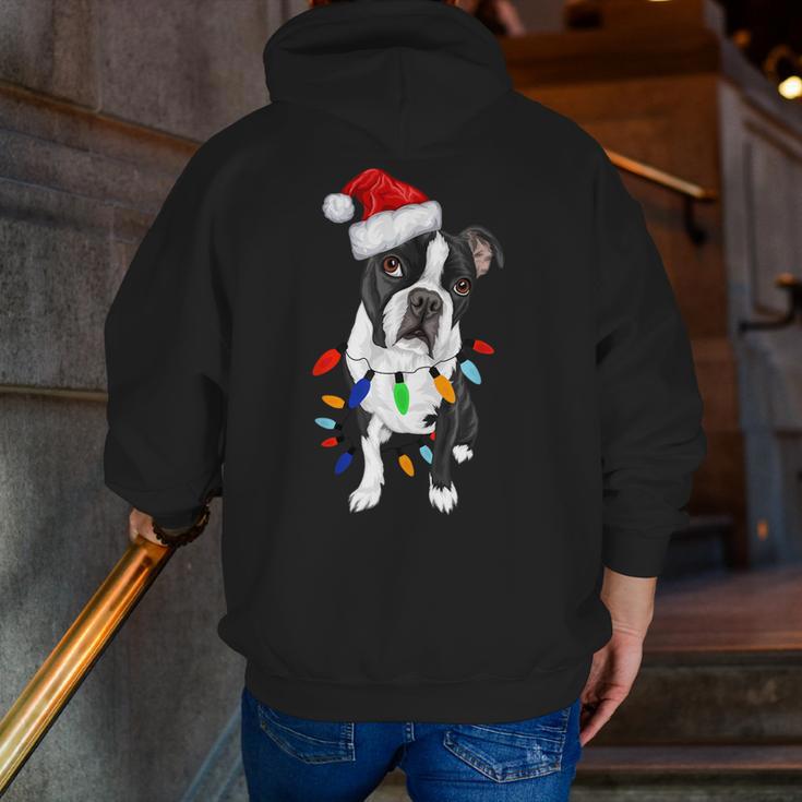 Boston Terrier Santa Christmas Lights Xmas Dog Lover Men Women Kids Men Zip Up Hoodie Back Print, Boston Terrier Christmas Hoodies, funny gift
