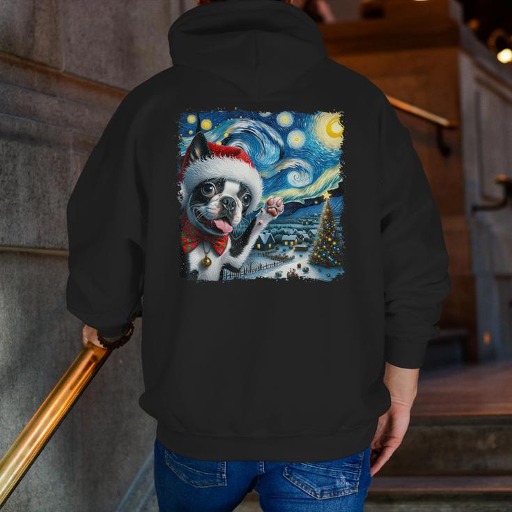 Boston Terrier Santa Starry Night Van Gogh Christmas Dog Men Women Kids Men Zip Up Hoodie Back Print, Boston Terrier Christmas Hoodies, funny gift