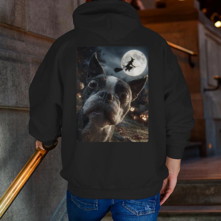 Boston Terrier Selfie Full Moon Flying Witch Halloween Dog Men Zip Up Hoodie Back Print, Boston Terrier Halloween Hoodies, funny gift