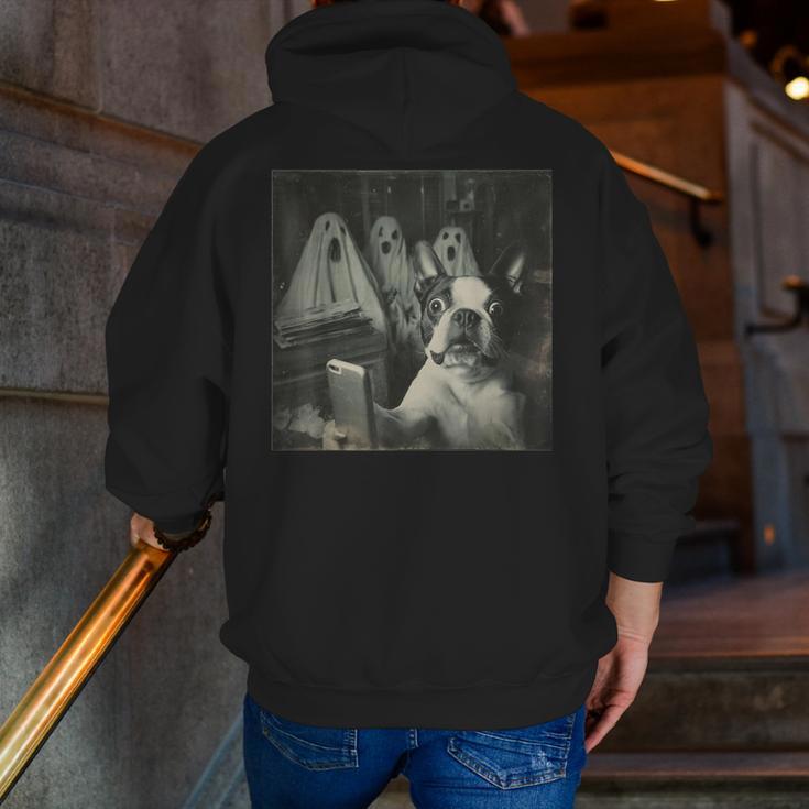 Boston Terrier Selfie With Ghosts Halloween Dog Lover Men Zip Up Hoodie Back Print, Boston Terrier Halloween Hoodies, funny gift