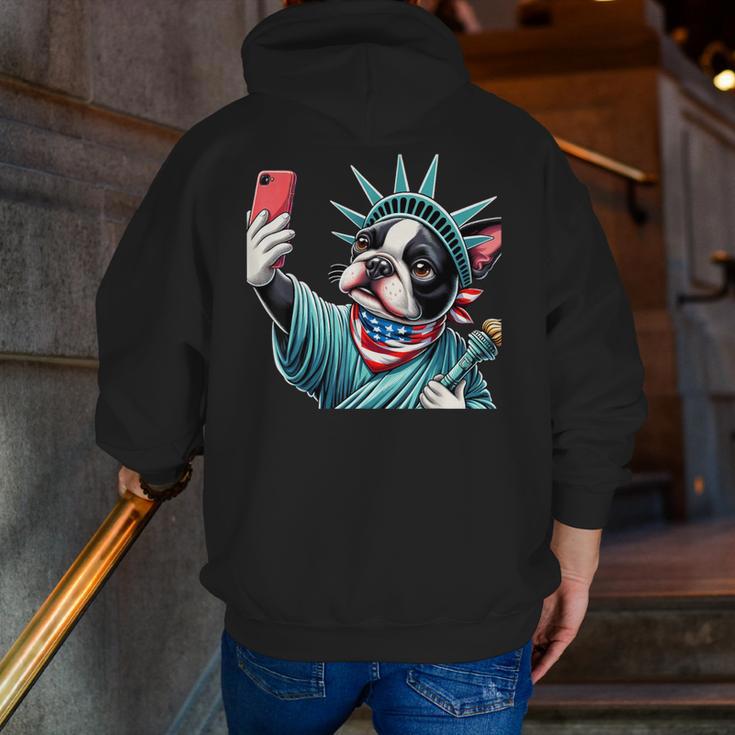 Boston Terrier Selfie Statue Of Liberty 4th Of July American Men Zip Up Hoodie Back Print, American Boston Terrier Hoodies, Boston Terrier 4th Of July Hoodies, funny gift