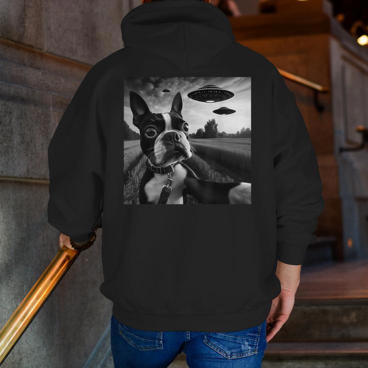 Boston Terrier Graphic Selfie With UFOs Weird Aliens Men Zip Up Hoodie Back Print, funny gift