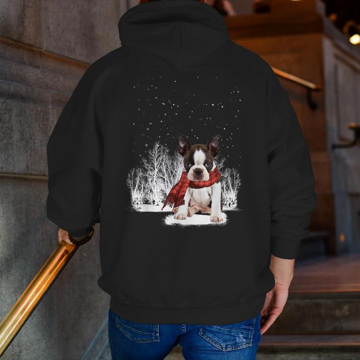 Boston Terrier In The Snow Merry Christmas Winter Men Zip Up Hoodie Back Print, Boston Terrier Christmas Hoodies, funny gift