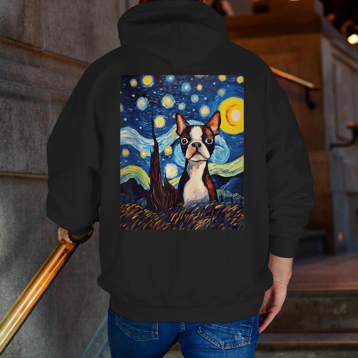 Boston Terrier Starry Night Van Gogh Art Men Zip Up Hoodie Back Print, funny gift