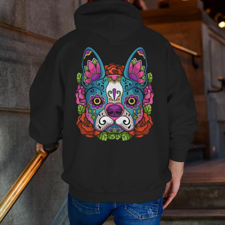 Boston Terrier Sugar Skull Dog Day Of The Dead Men Zip Up Hoodie Back Print, funny gift