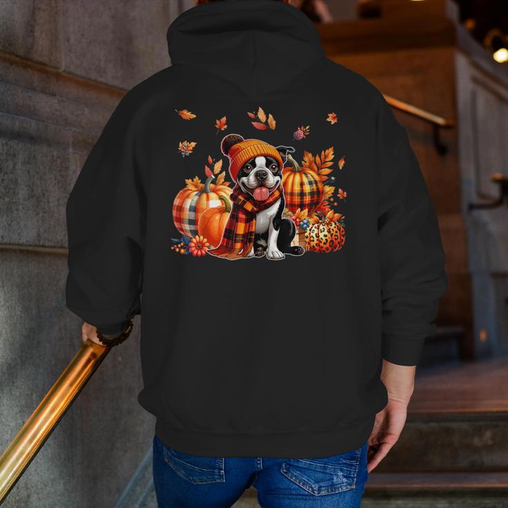 Boston Terrier Thanksgiving Leopard Pumpkins Fall Leaves Men Zip Up Hoodie Back Print, Boston Terrier Thanksgiving Hoodies, funny gift
