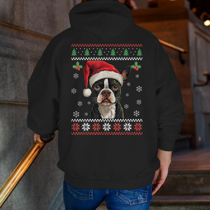 Boston Terrier Ugly Christmas Sweater Xmas For Adults Kids Men Zip Up Hoodie Back Print, Boston Terrier Christmas Hoodies, funny gift