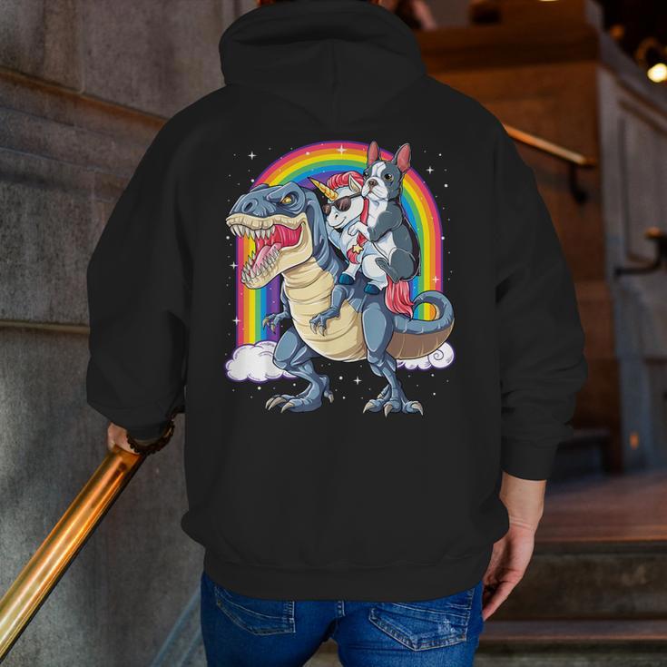 Boston Terrier Unicorn Riding Dinosaur T-Rex Girls Rainbow Men Zip Up Hoodie Back Print, Boston Terrier Riding Hoodies, funny gift