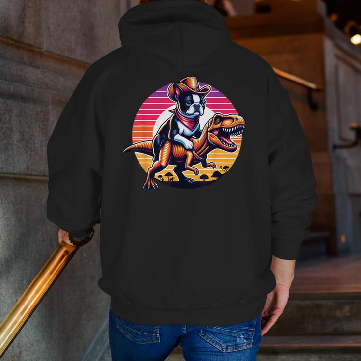 Boston Terrier Wearing A Cowboy Hat On T-Rex Men Zip Up Hoodie Back Print, funny gift