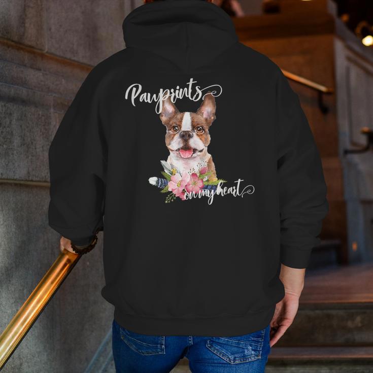 Brown Boston Terrier With Flowers And Feathers Men Zip Up Hoodie Back Print, funny gift