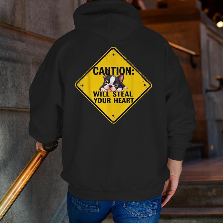 Caution Sign Boston Terrier Dog Bostie Puppy Men Zip Up Hoodie Back Print, funny gift