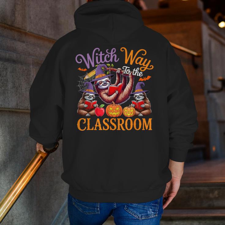 Way To Classroom Halloween Witch Three Cute Sloths Teacher Men Zip Up Hoodie Back Print, funny gift