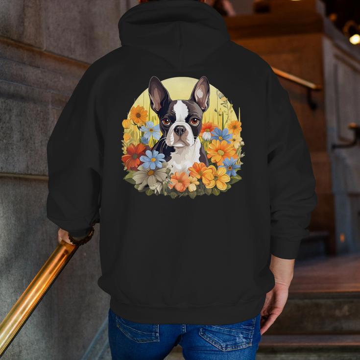 Cute Boston Terrier Spring Flower Garden Colorful Puppy Dog Men Zip Up Hoodie Back Print, funny gift