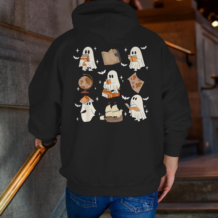 Cute Ghosts Reading Book Bookworm Halloween History Teacher Men Zip Up Hoodie Back Print, History Teacher Hoodies, funny gift