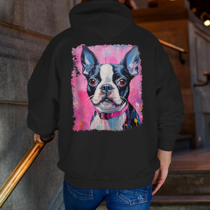 Dog Pink Boston Terrier Men Zip Up Hoodie Back Print, funny gift