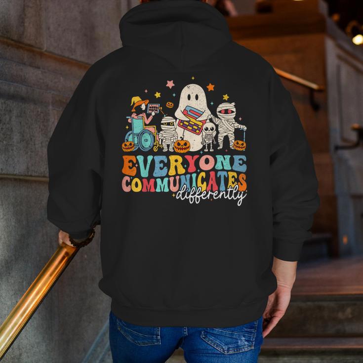 Everyone Communicates Differently Halloween SLP Sped Teacher Men Zip Up Hoodie Back Print, funny gift