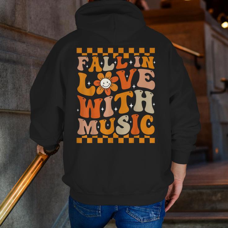 Fall In Love With Music Groovy Thanksgiving Music Teacher Men Women Girls Kids Men Zip Up Hoodie Back Print, Groovy Teacher Hoodies, funny gift
