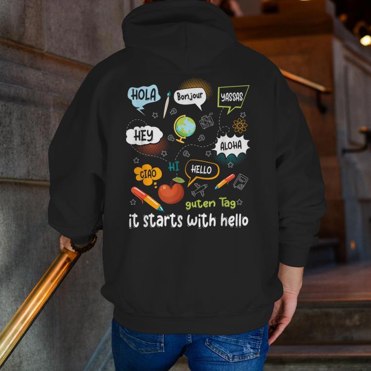 Friendship Inclusion Language Teacher It Starts With Hello Men Zip Up Hoodie Back Print, funny gift Friendship Inclusion Language Teacher It Starts With Hello Men Zip Up Hoodie Back Print, funny gift